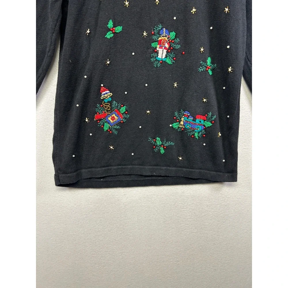 Grandma Core NutCracker Women Large Black Christmas Nutcracker Beaded Sweater‎